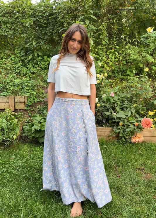 Vintage 90s Blue Floral Maxi Skirt, Paris Sport Club Cottagecore