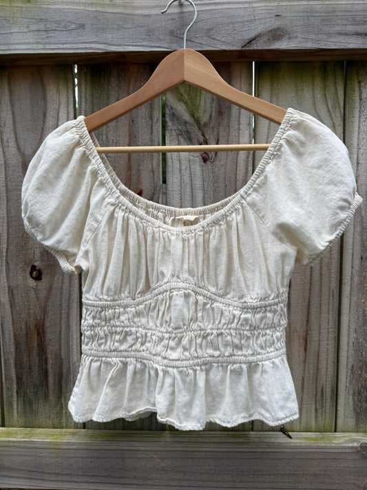Linen Blend Smocked Puff Sleeve Peplum Top | Quiet Luxury Coastal
