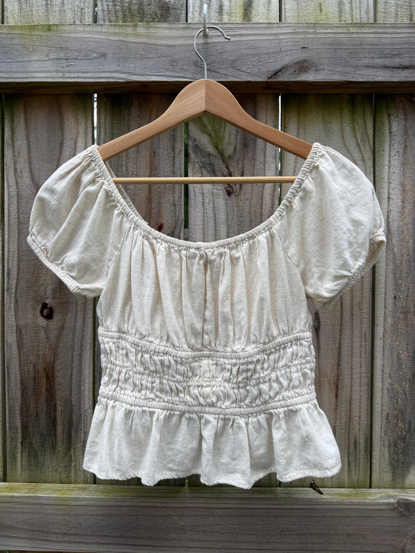 Linen Blend Smocked Puff Sleeve Peplum Top | Quiet Luxury Coastal