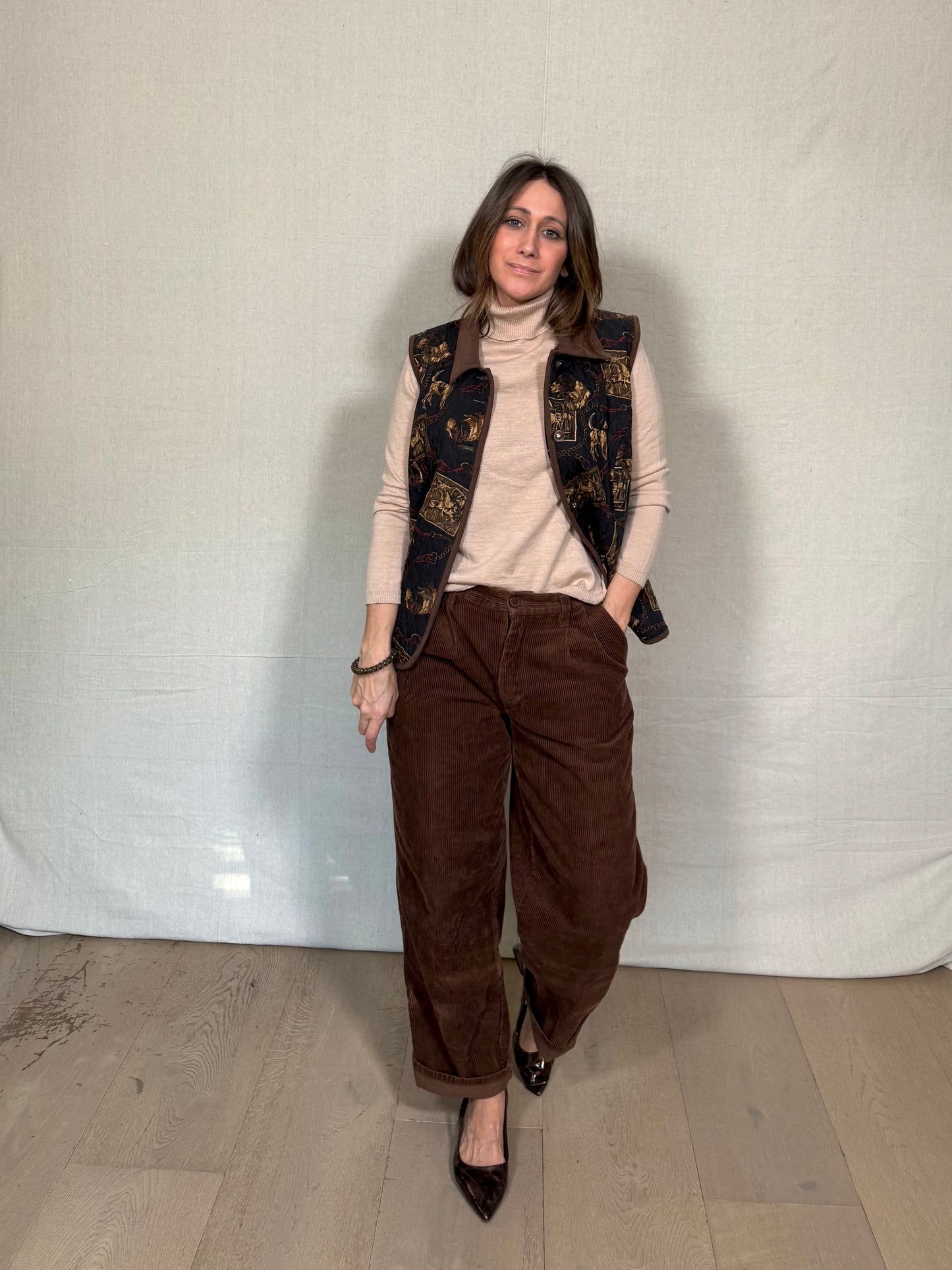 Vintage Quilted Equestrian Print Vest – Dark Brown / Black (Miu Miu-Coded)