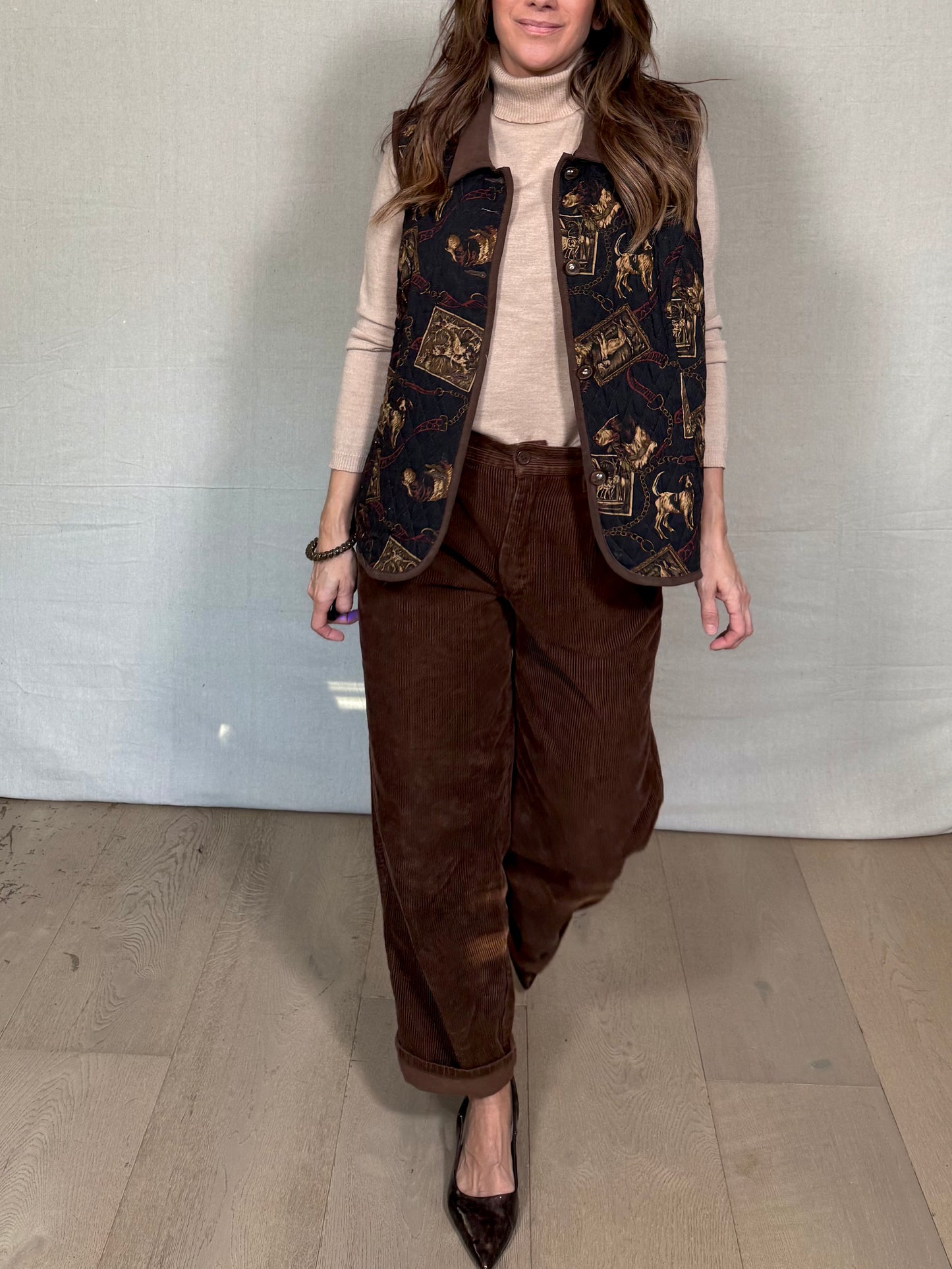 Vintage Quilted Equestrian Print Vest – Dark Brown / Black (Miu Miu-Coded)