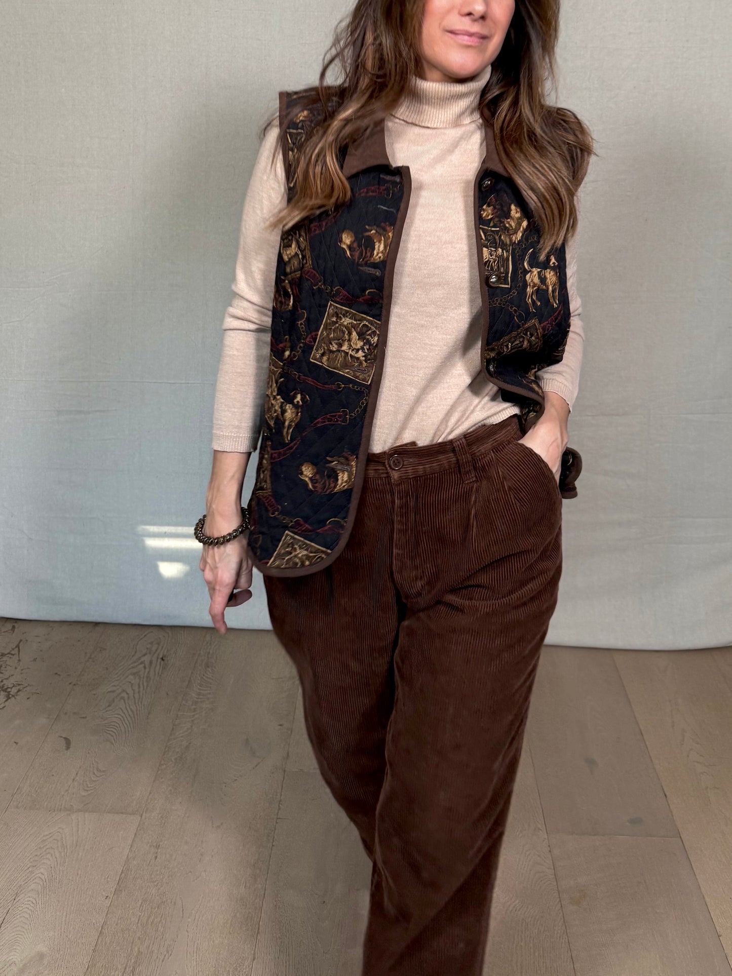 Vintage Quilted Equestrian Print Vest – Dark Brown / Black (Miu Miu-Coded)