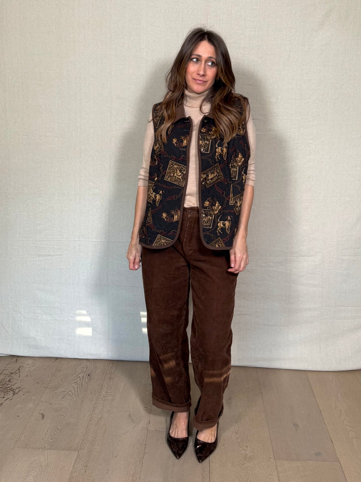 Vintage Quilted Equestrian Print Vest – Dark Brown / Black (Miu Miu-Coded)