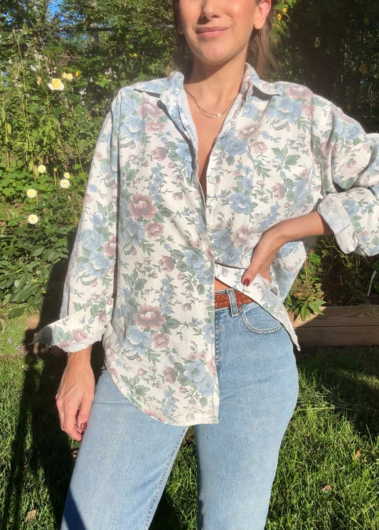80s Kyoto Kasuals Oversized Floral Button-Down Shirt – Cotton, Made in Qatar
