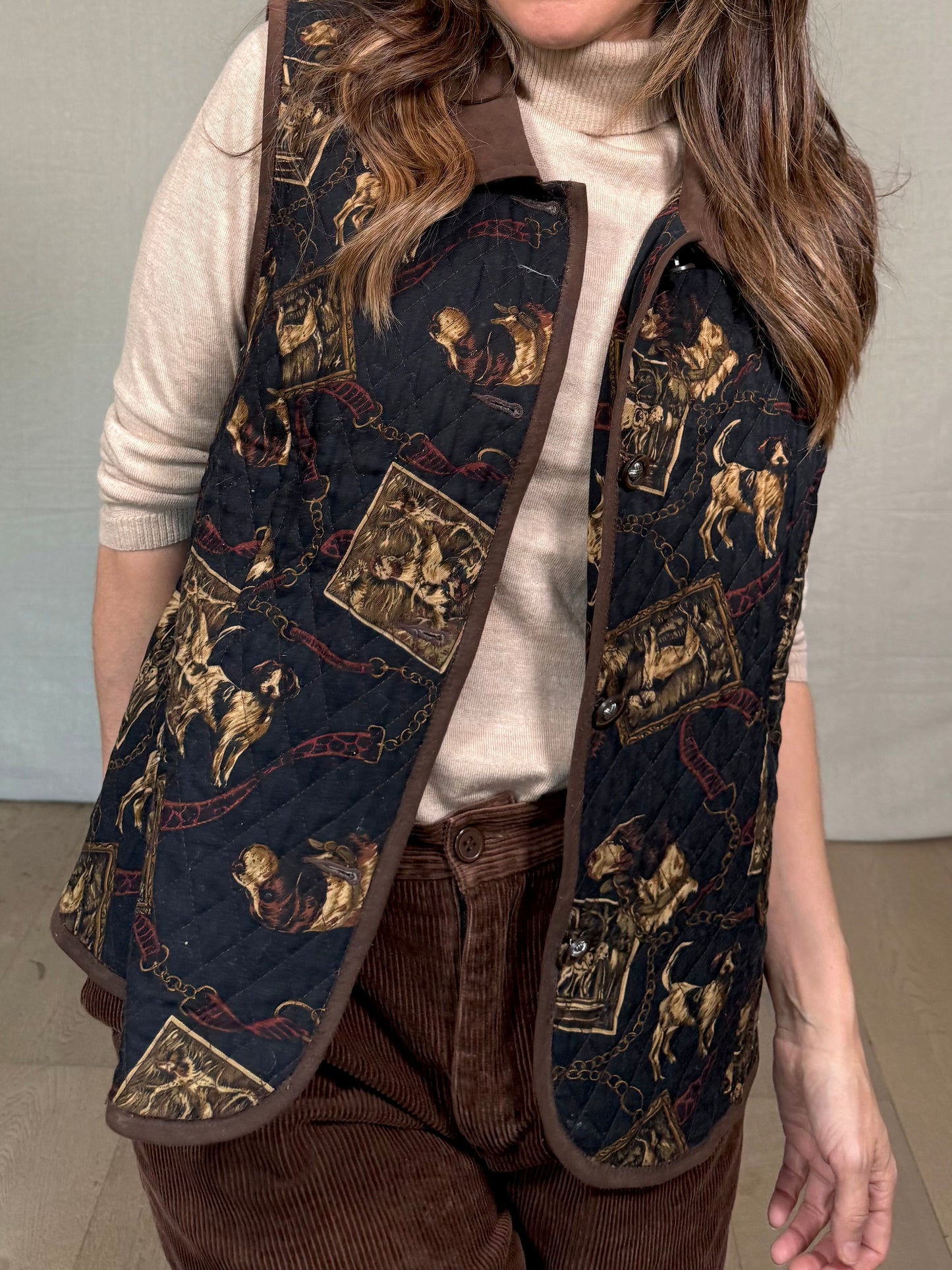 Vintage Quilted Equestrian Print Vest – Dark Brown / Black (Miu Miu-Coded)