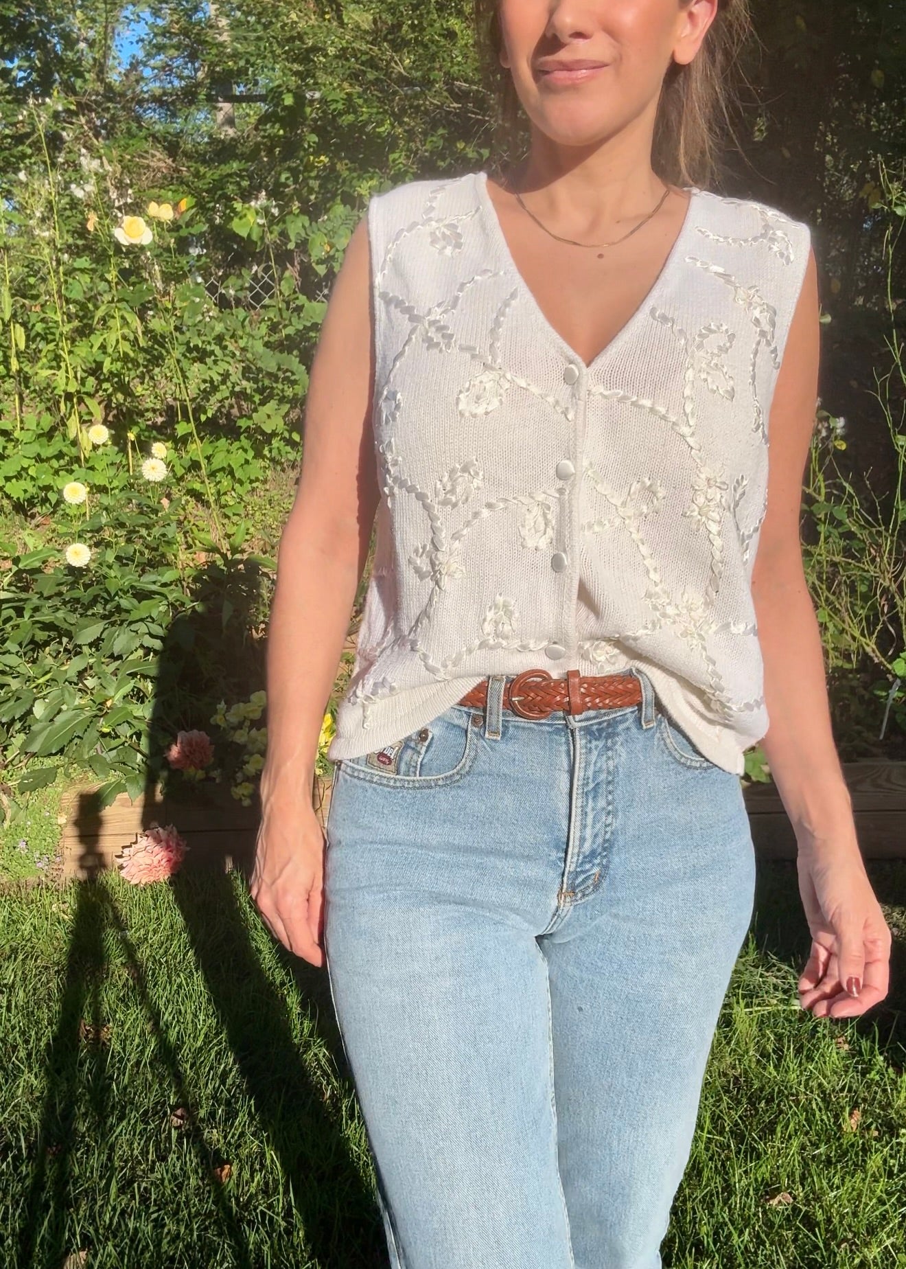 Vintage 90s Ivory Embroidered Knit Vest, Kathie Lee