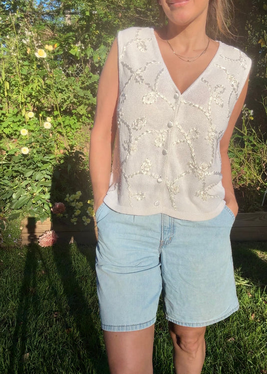 Vintage 90s Ivory Embroidered Knit Vest, Kathie Lee