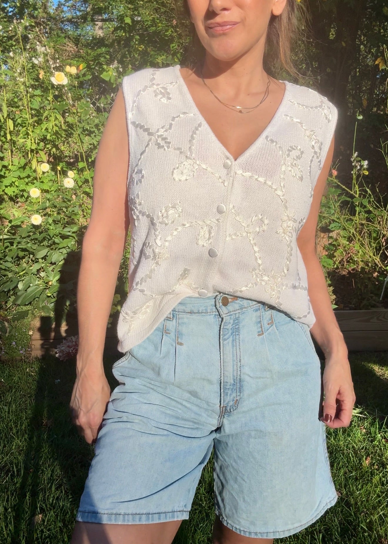 Vintage 90s Ivory Embroidered Knit Vest, Kathie Lee