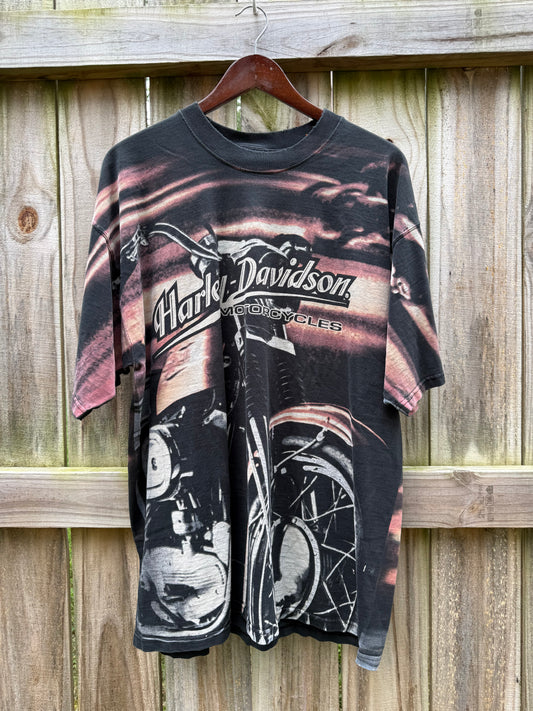 Vintage Harley-Davidson All Over Print Graphic Tee | Oversized Motorcycle Tee