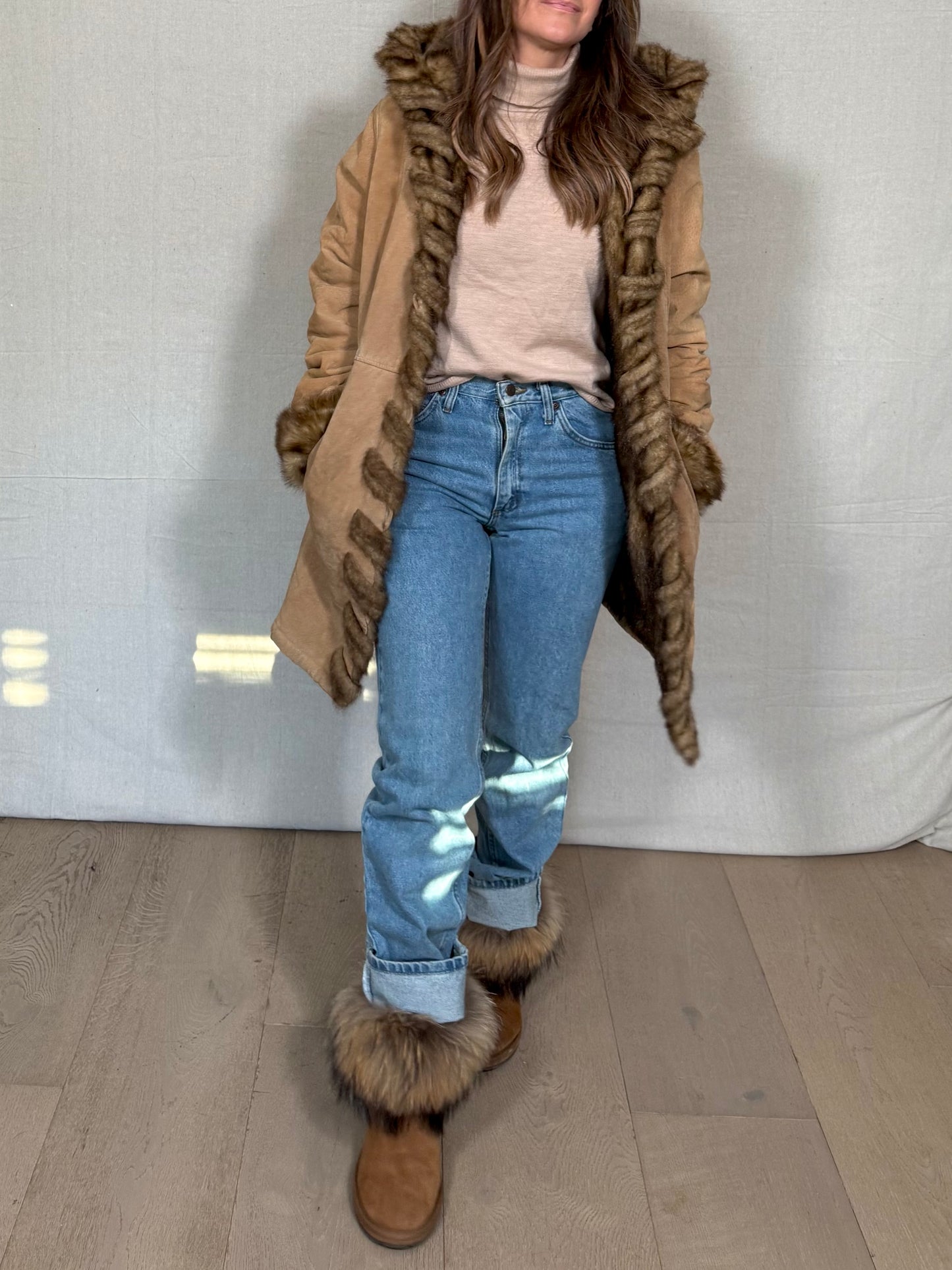 Vintage Dennis Basso Shearling-Trim Leather Coat – Camel Brown