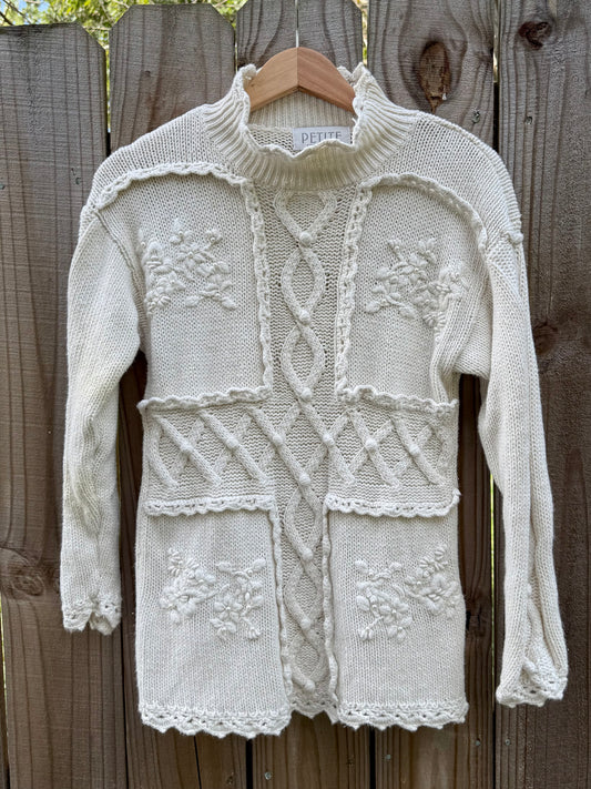 Vintage Cream Embroidered Knit Sweater Grandmacore