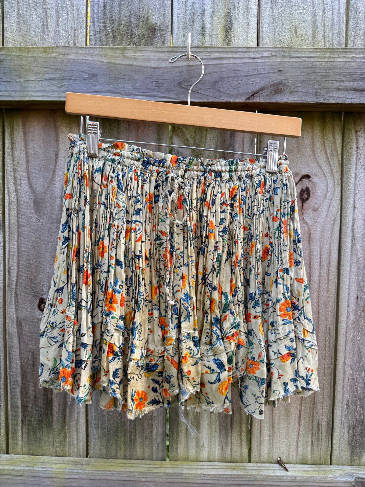 Free People One Floral Viscose Ruffle Mini Skirt | Boho Raw-Hem Drawstring Skirt