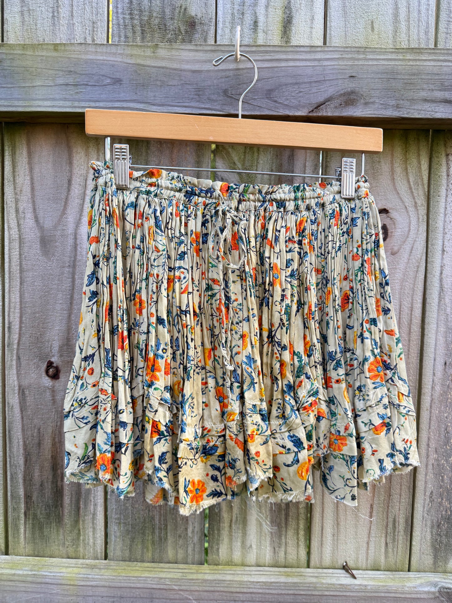 Free People One Floral Viscose Ruffle Mini Skirt | Boho Raw-Hem Drawstring Skirt
