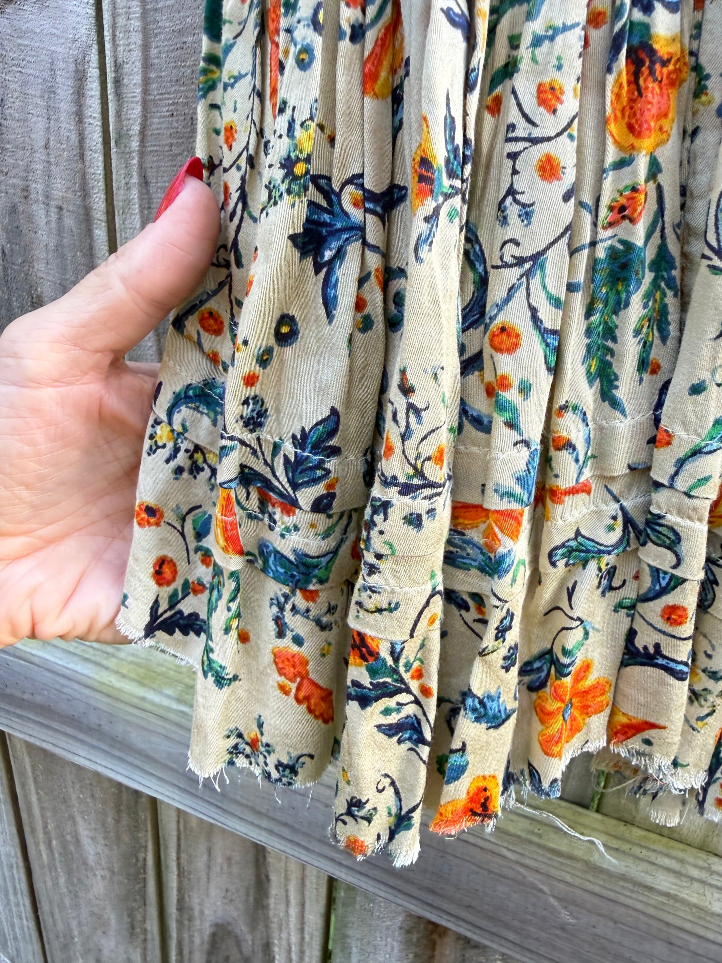 Free People One Floral Viscose Ruffle Mini Skirt | Boho Raw-Hem Drawstring Skirt