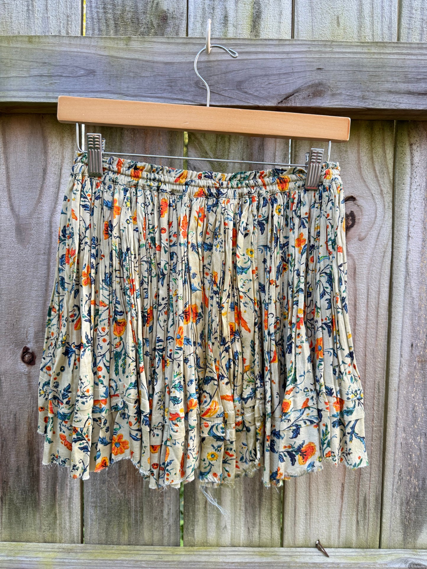 Free People One Floral Viscose Ruffle Mini Skirt | Boho Raw-Hem Drawstring Skirt