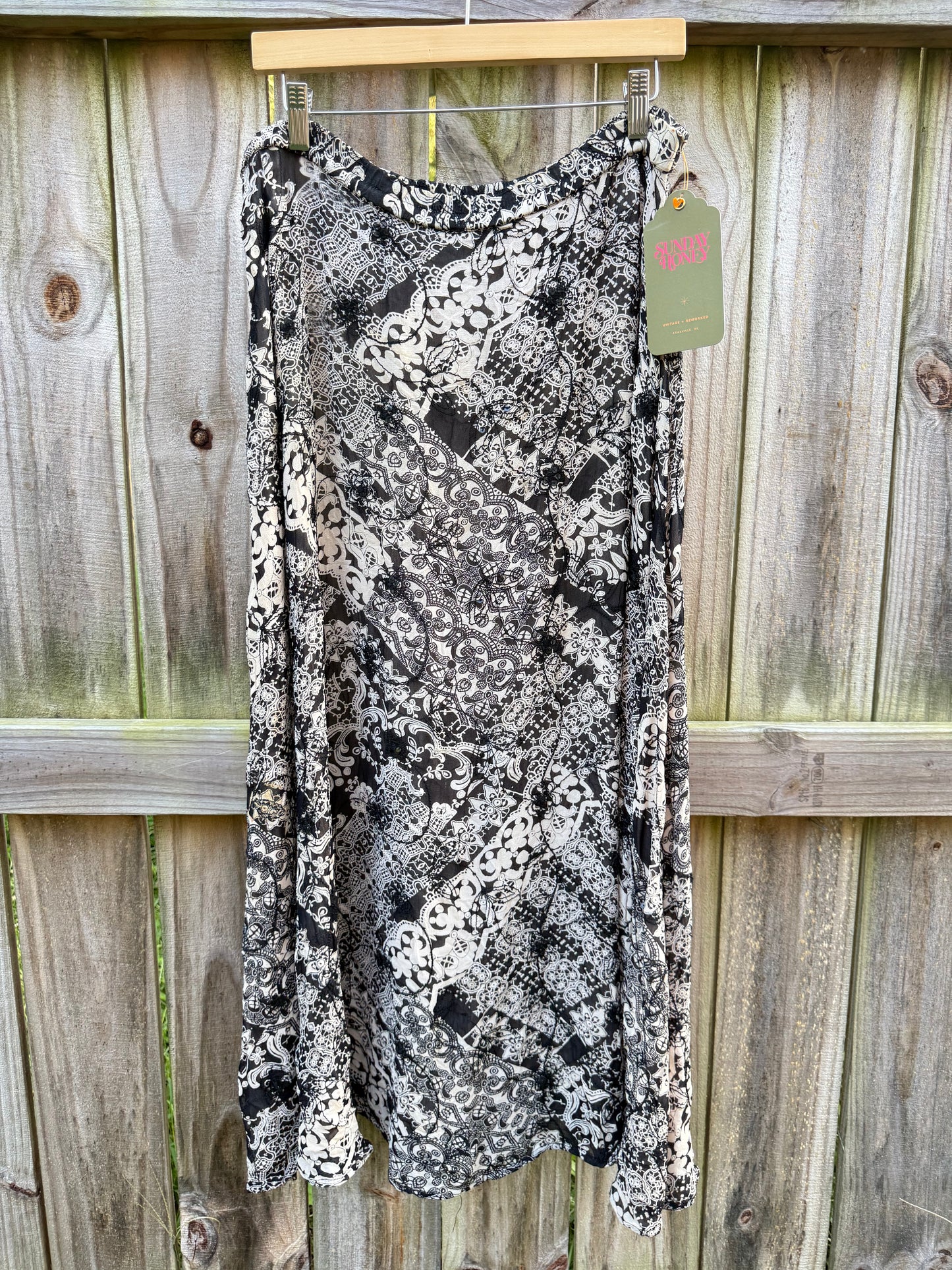 Sunday Honey Reworked Black &amp; Cream Embellished Boho Maxi Skirt | Low-Rise Bias-Cut Patchwork