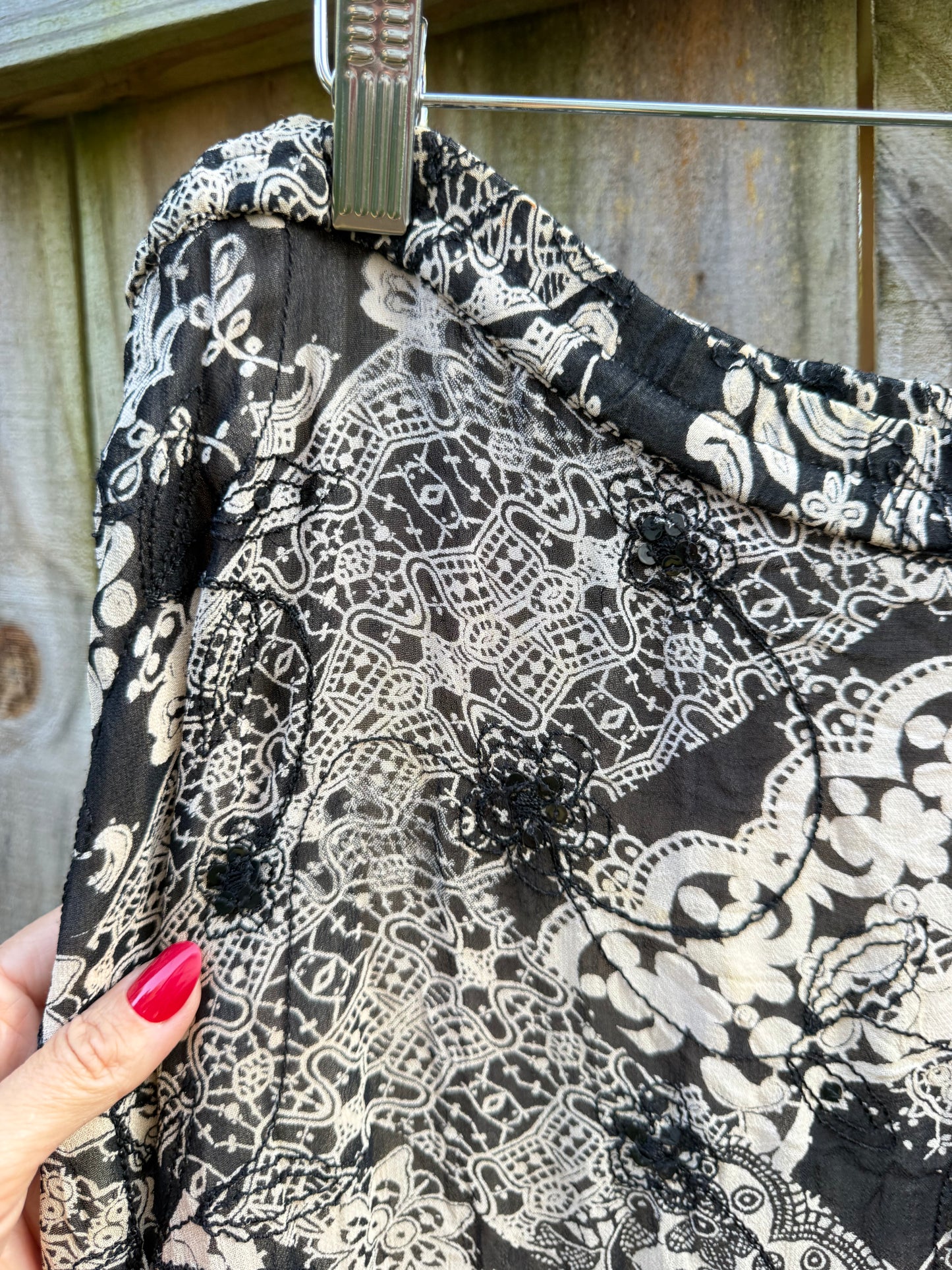 Sunday Honey Reworked Black &amp; Cream Embellished Boho Maxi Skirt | Low-Rise Bias-Cut Patchwork
