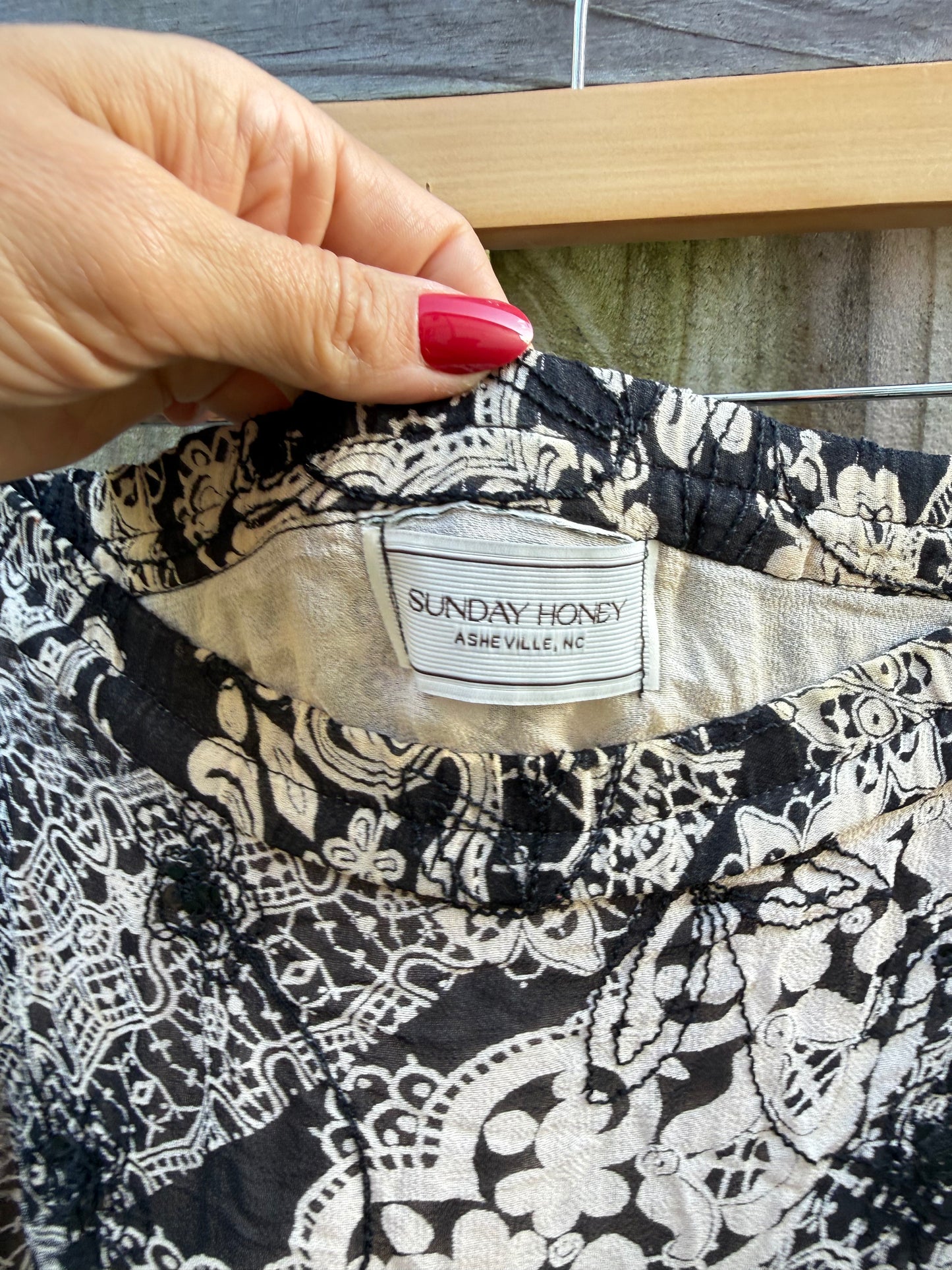 Sunday Honey Reworked Black &amp; Cream Embellished Boho Maxi Skirt | Low-Rise Bias-Cut Patchwork