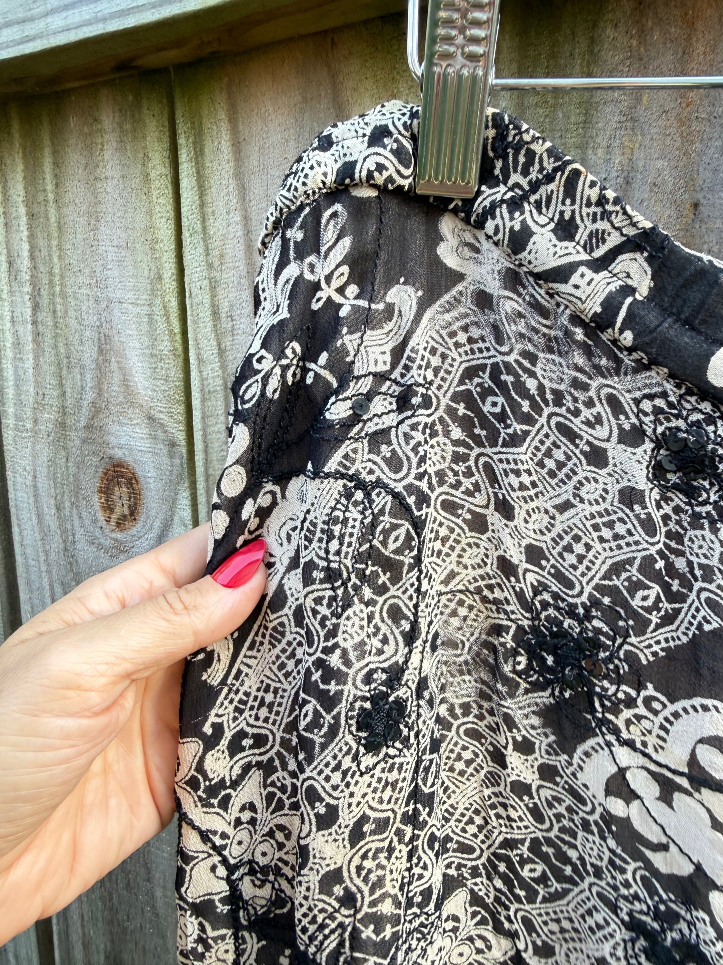 Sunday Honey Reworked Black &amp; Cream Embellished Boho Maxi Skirt | Low-Rise Bias-Cut Patchwork