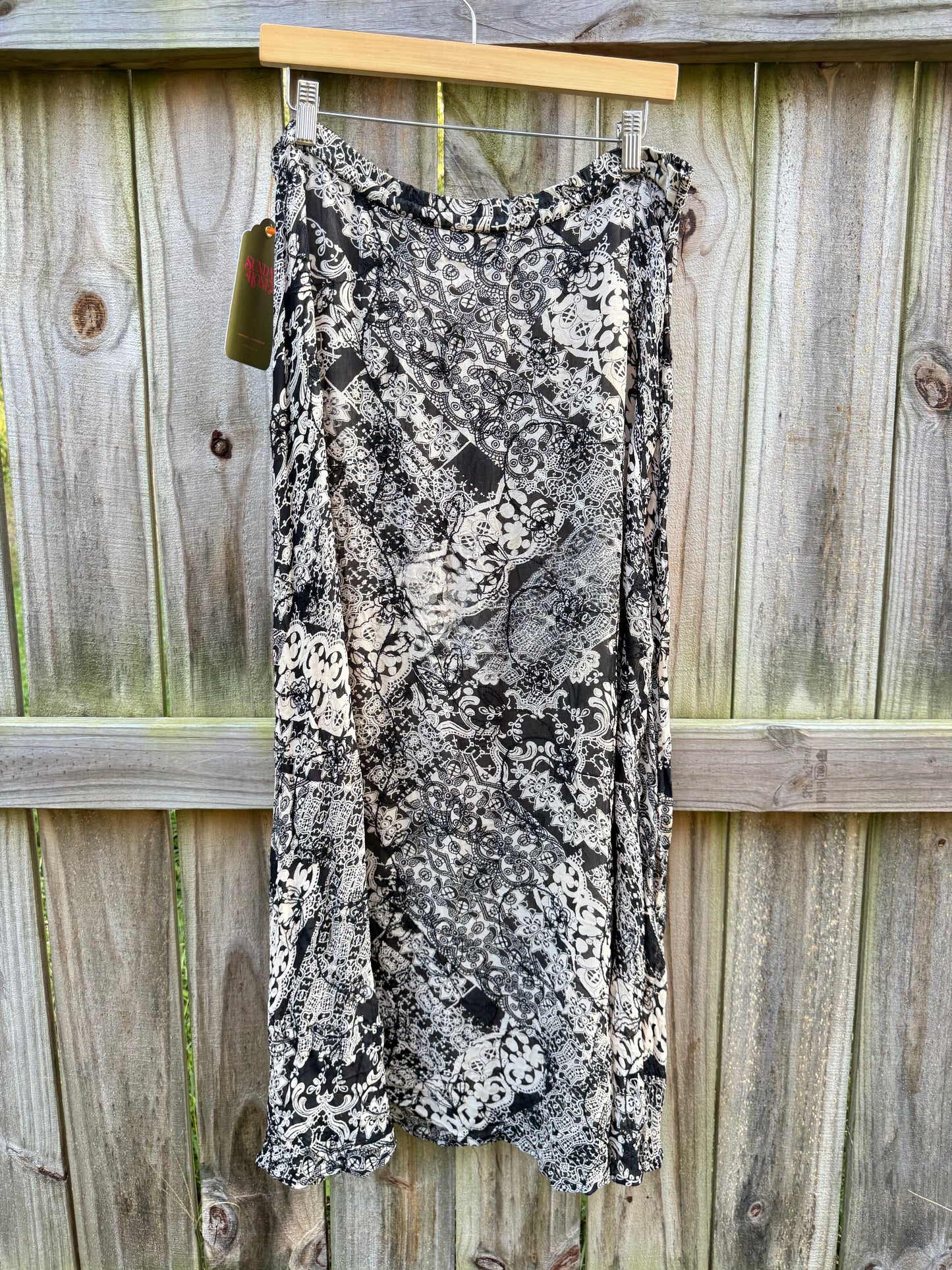 Sunday Honey Reworked Black &amp; Cream Embellished Boho Maxi Skirt | Low-Rise Bias-Cut Patchwork