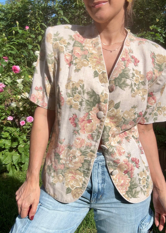 80s Leslie Fay Linen Blend Floral Jacket Blazer Grandmacore Vintage