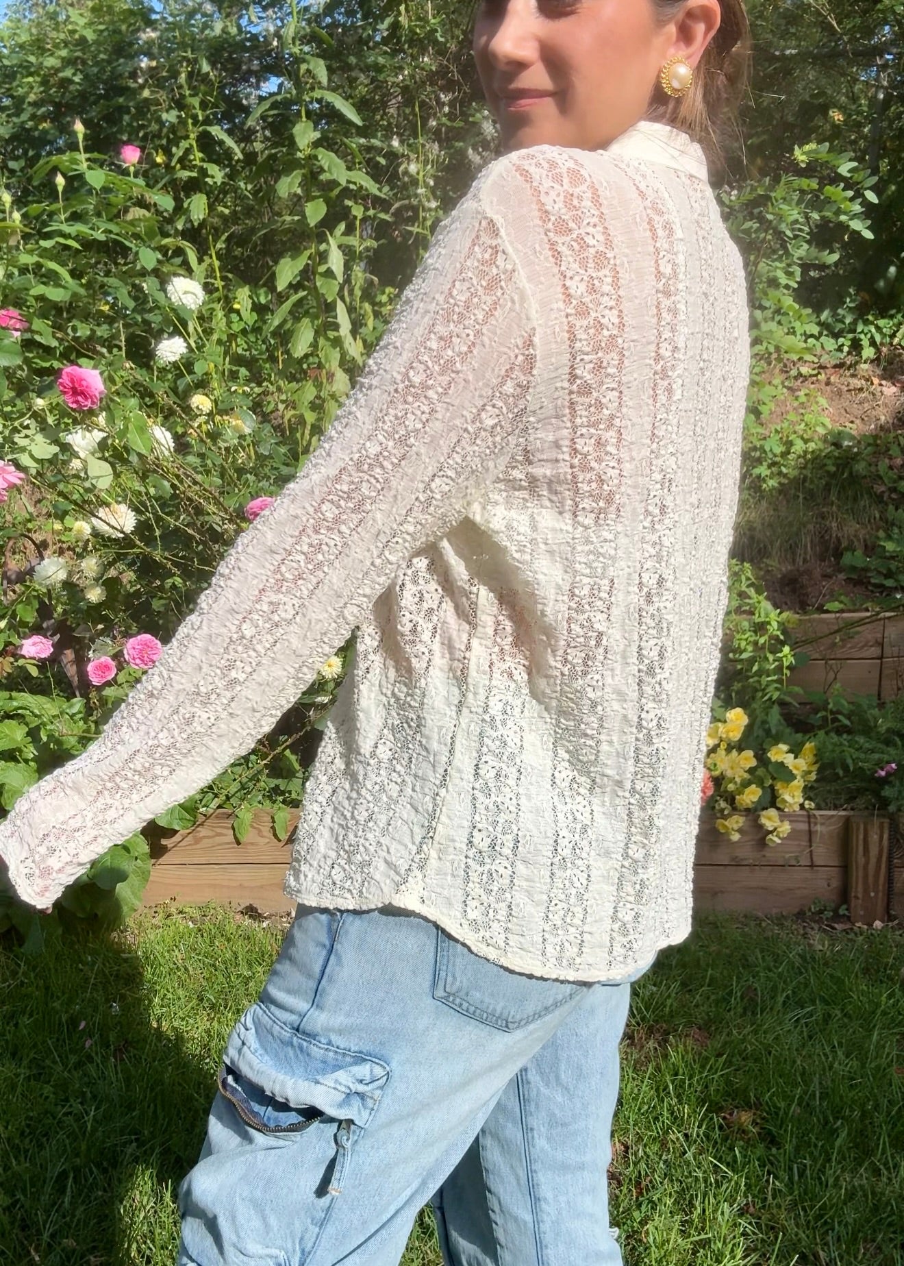 Y2K Sheer Ivory Lace Button-Up Blouse