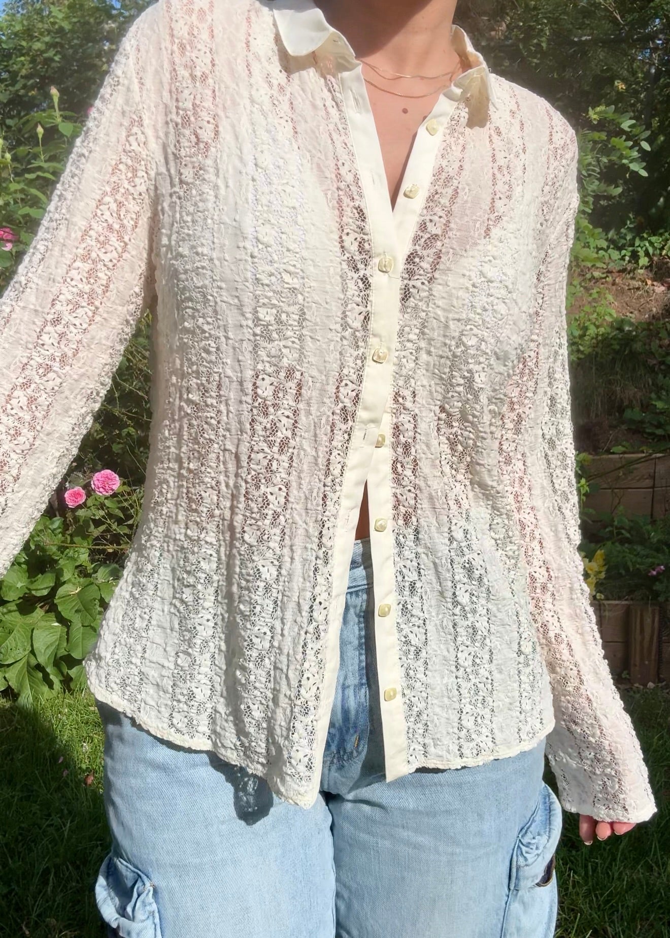 Y2K Sheer Ivory Lace Button-Up Blouse
