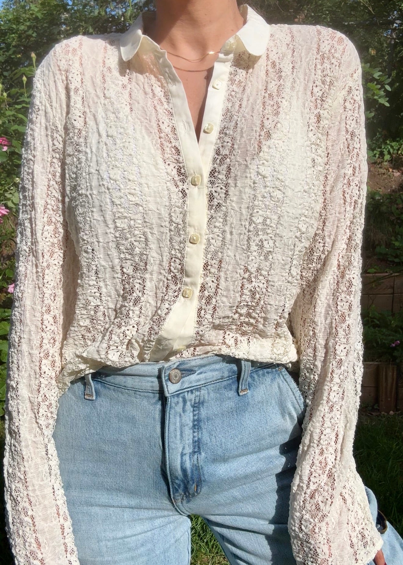 Y2K Sheer Ivory Lace Button-Up Blouse