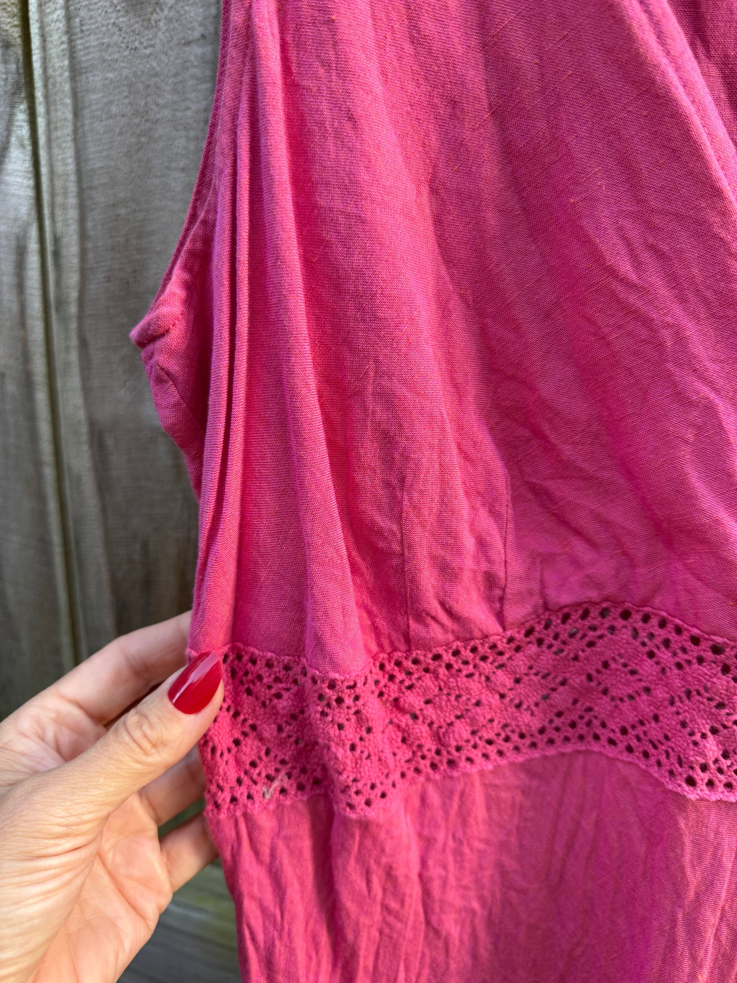 Raspberry Linen Crochet Midi Dress | 90s Minimal Boho