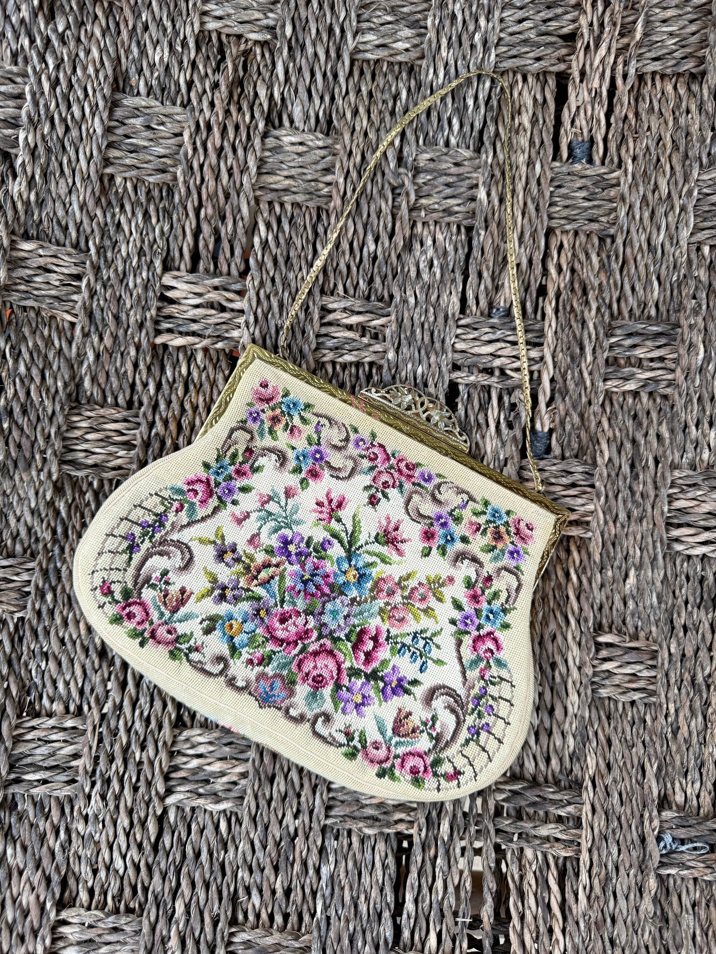 Vintage Needlepoint Floral Clutch
