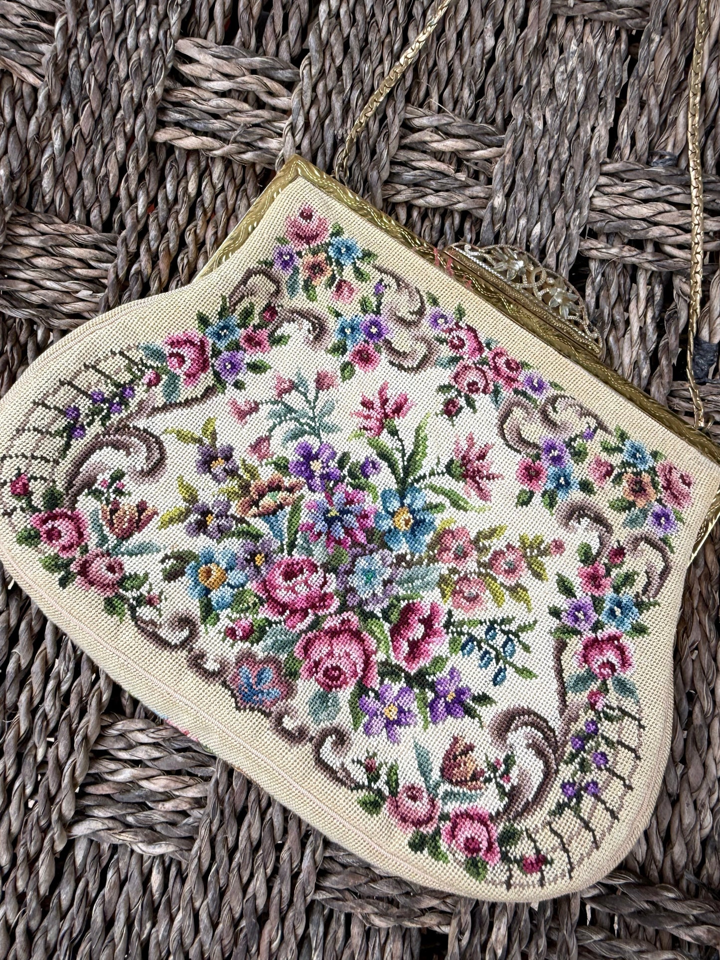 Vintage Needlepoint Floral Clutch