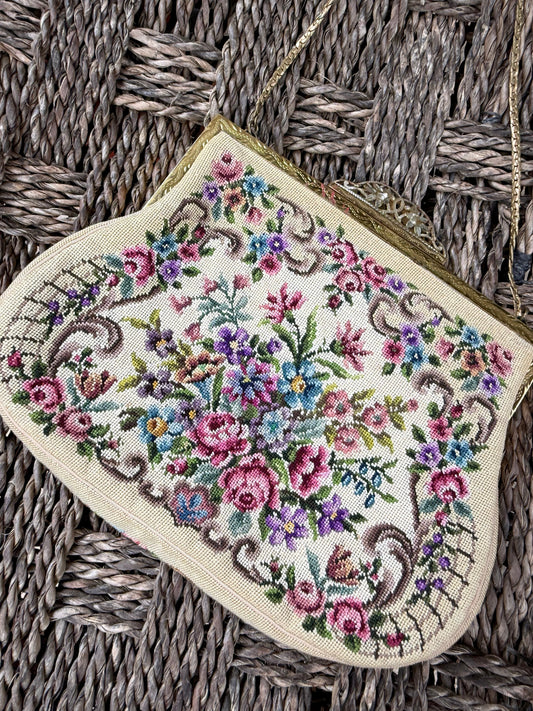 Vintage Needlepoint Floral Clutch