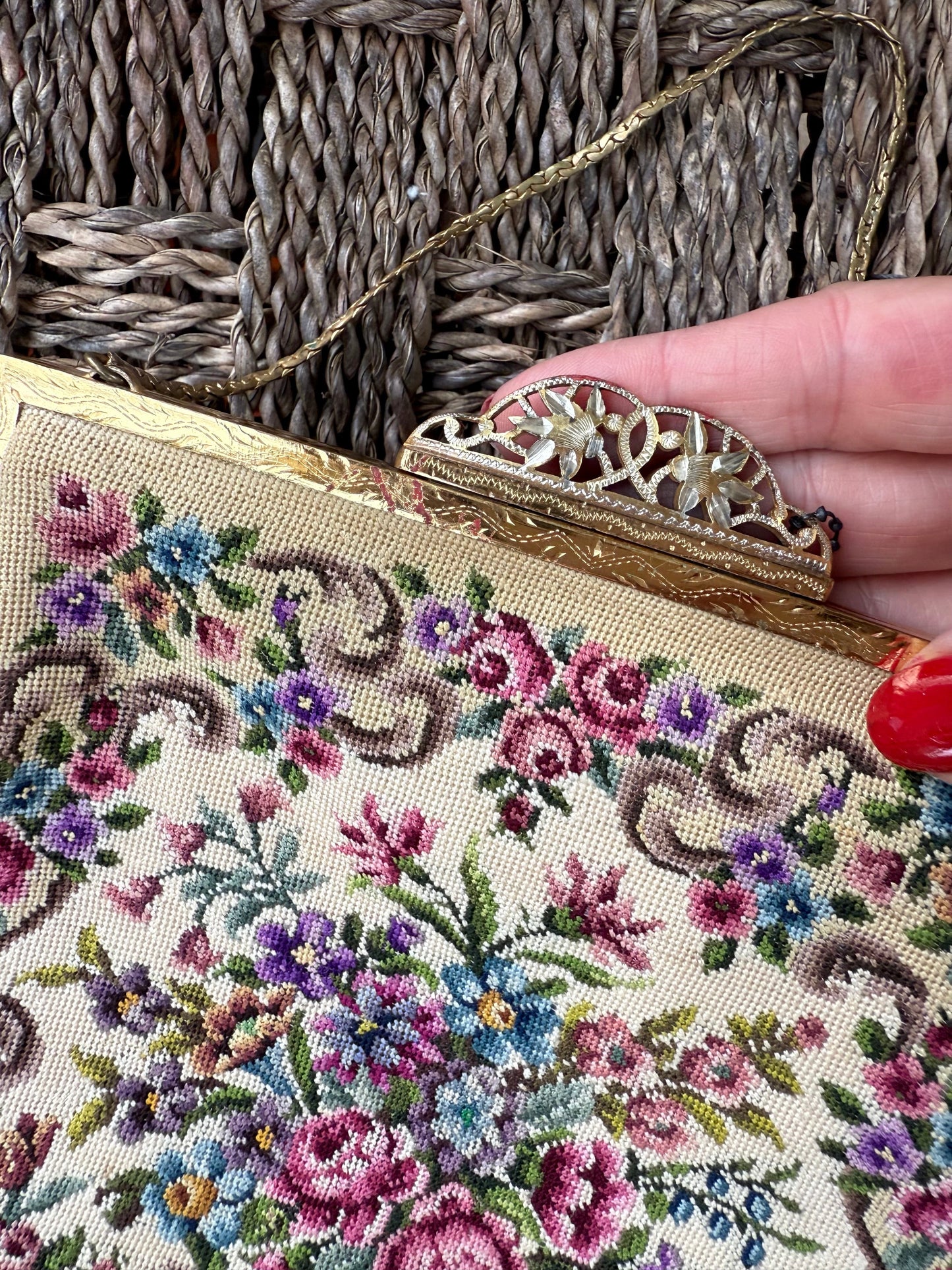 Vintage Needlepoint Floral Clutch