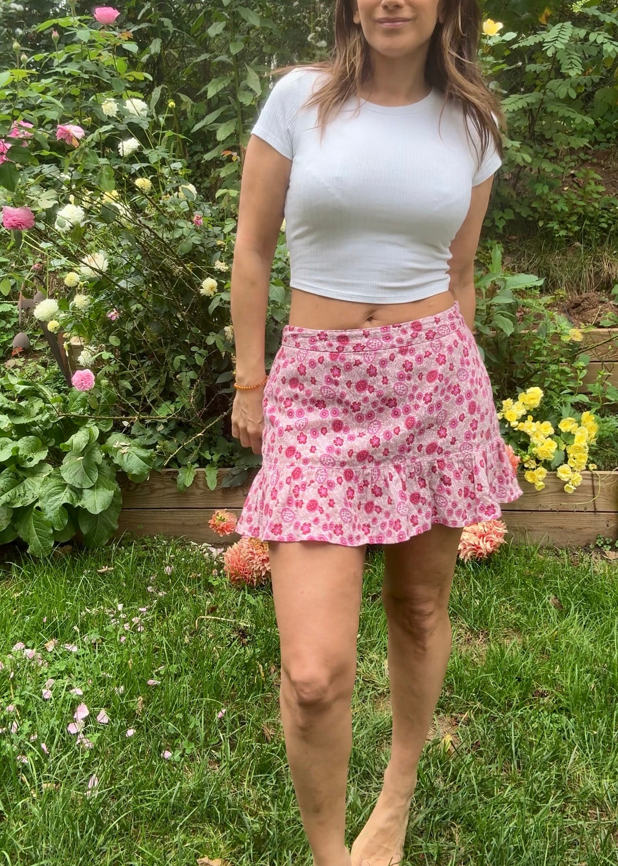 Reworked Pink Floral Cotton Mini Skirt – Made in India