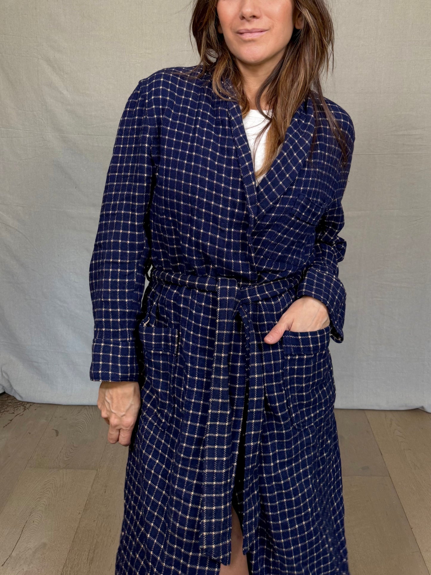 Vintage Navy Check Wrap Robe