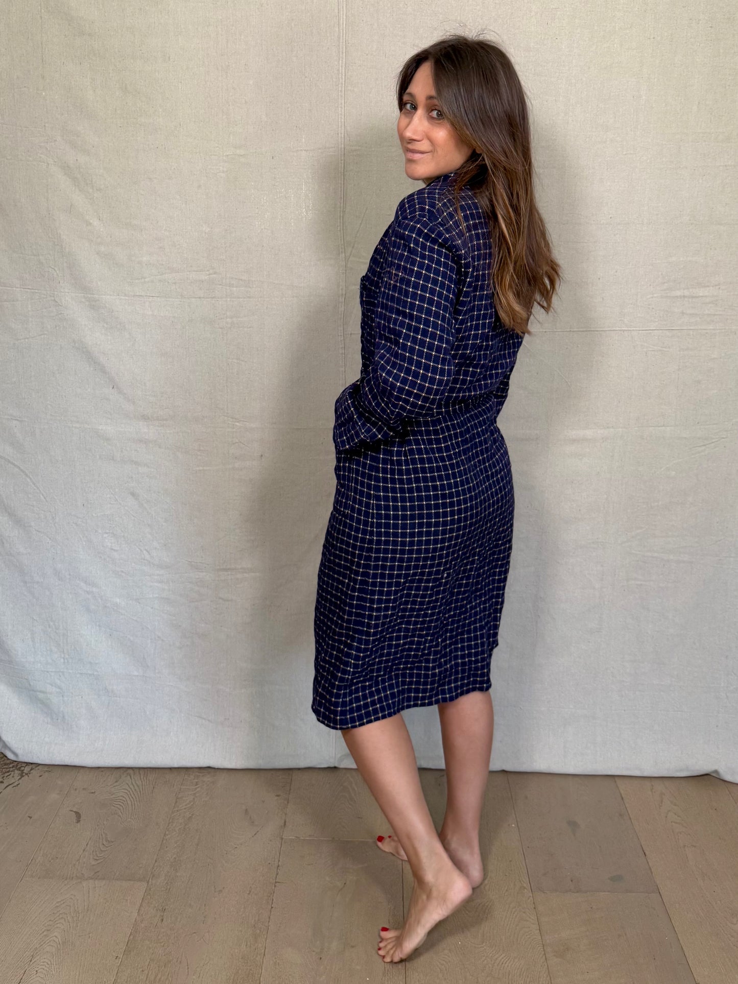 Vintage Navy Check Wrap Robe