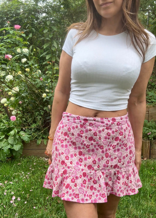 Reworked Pink Floral Cotton Mini Skirt – Made in India