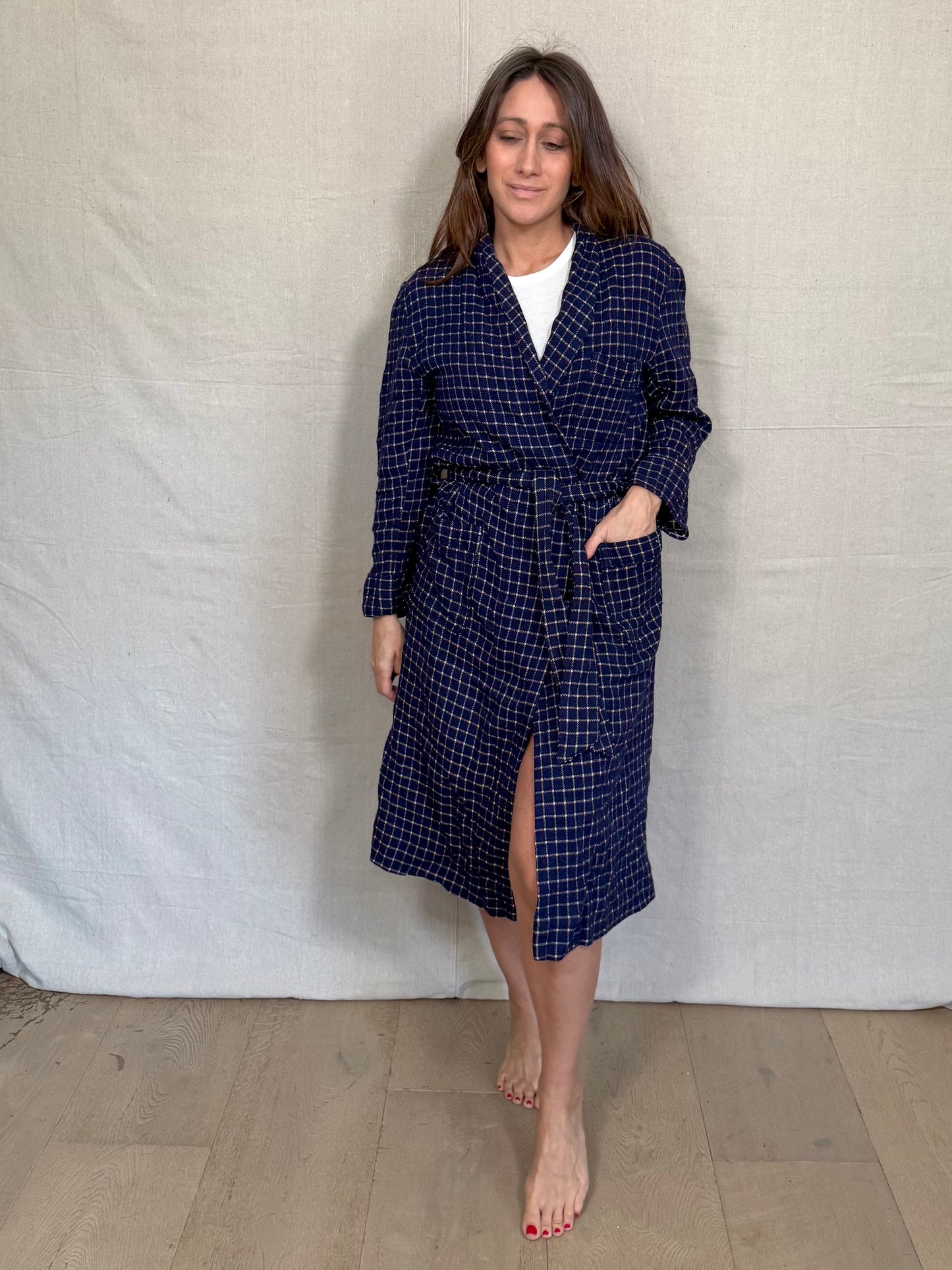 Vintage Navy Check Wrap Robe