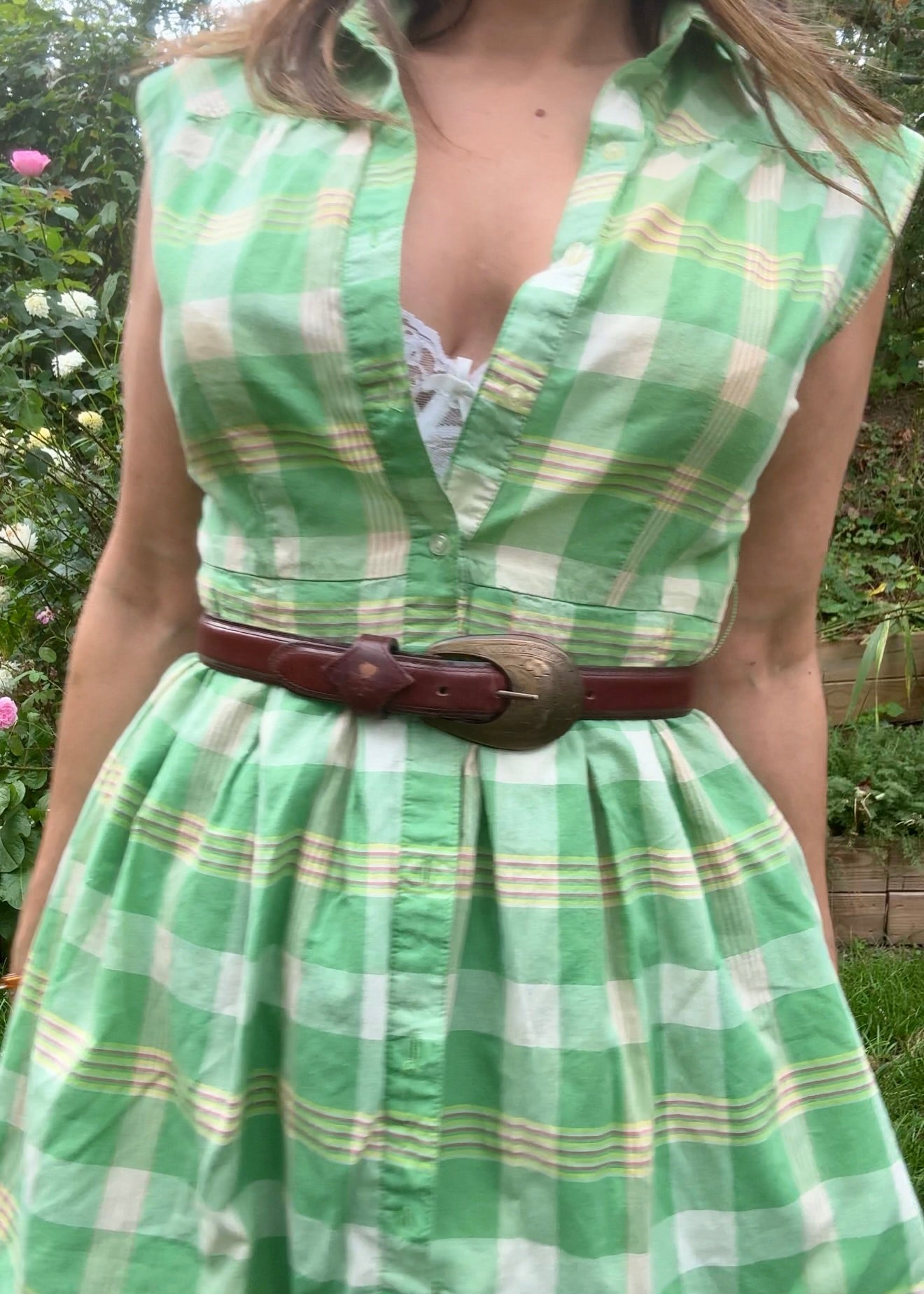 Reworked Green Gingham Cotton Tunic / Mini Dress / Western