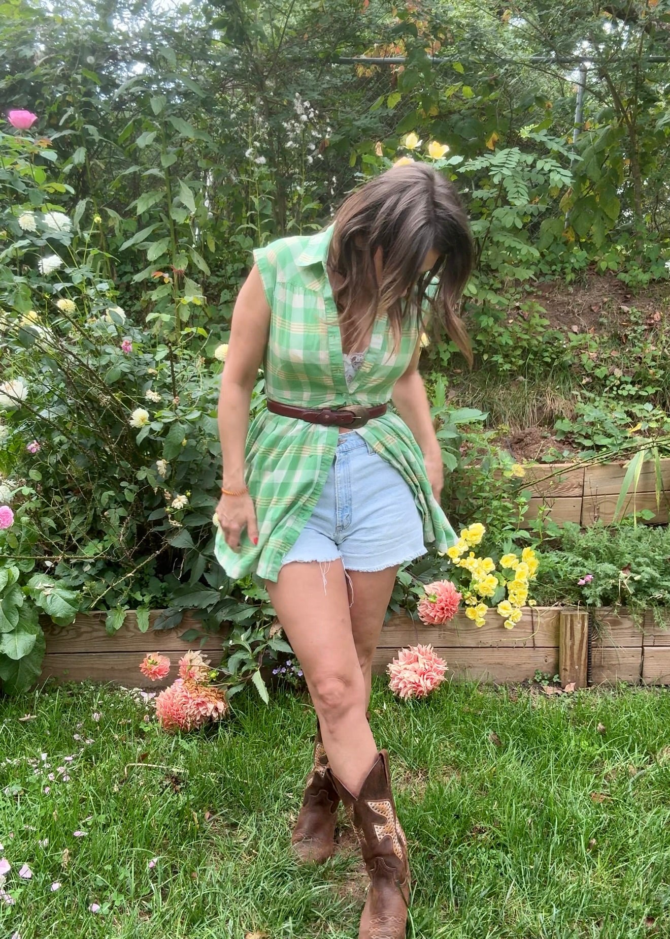 Reworked Green Gingham Cotton Tunic / Mini Dress / Western