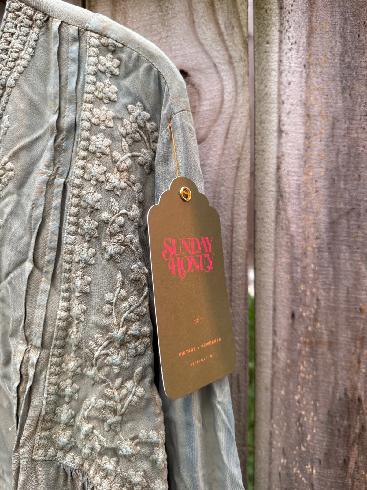 Hand-Dyed Sage Embroidered Bell-Sleeve Blouse