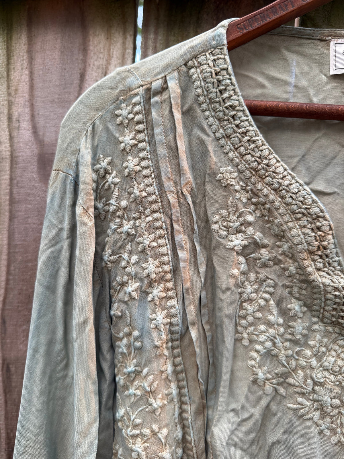 Hand-Dyed Sage Embroidered Bell-Sleeve Blouse