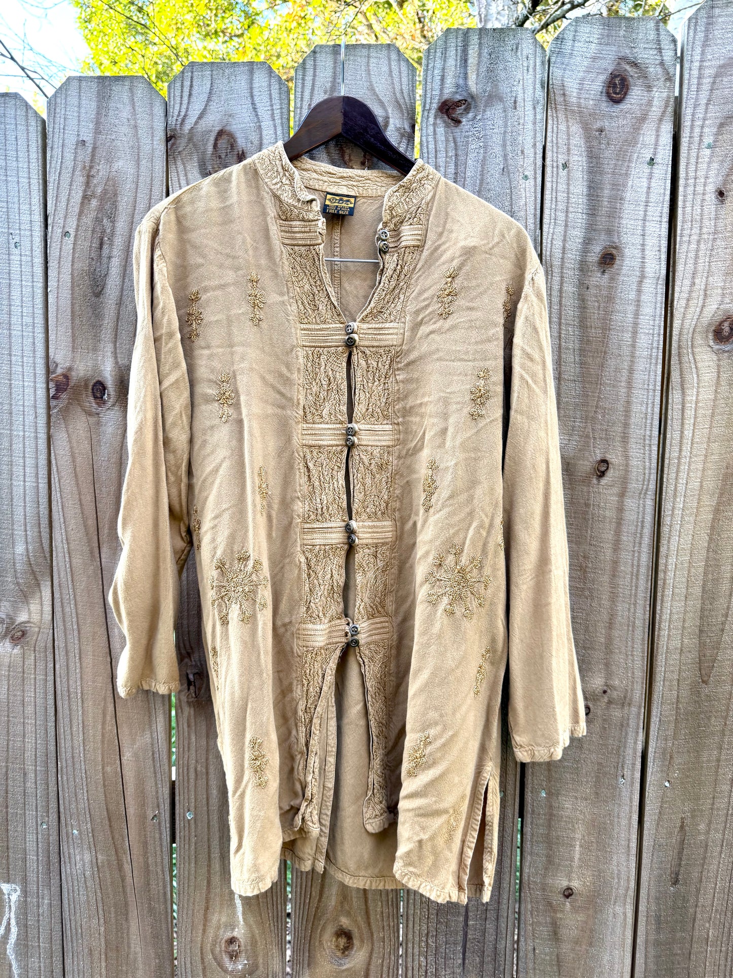 Vintage embroidered tunic — caramel + gold (fits S–L) Festival Boho Made in India