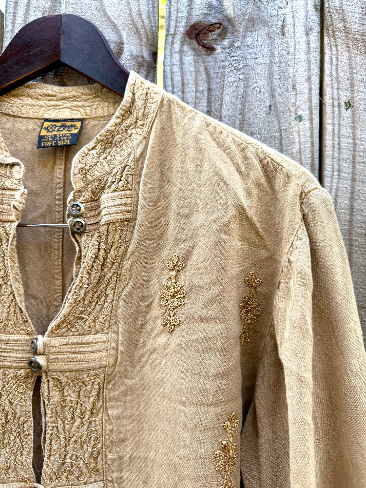 Vintage embroidered tunic — caramel + gold (fits S–L) Festival Boho Made in India