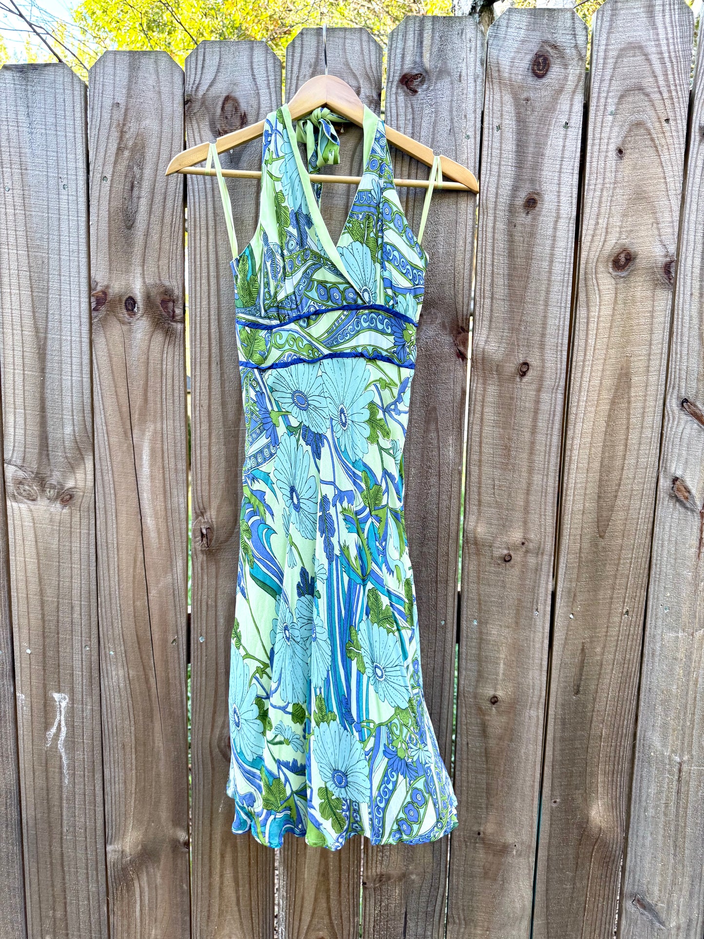 Vintage halter slip dress in lagoon blue + lime abstract floral — fits XS