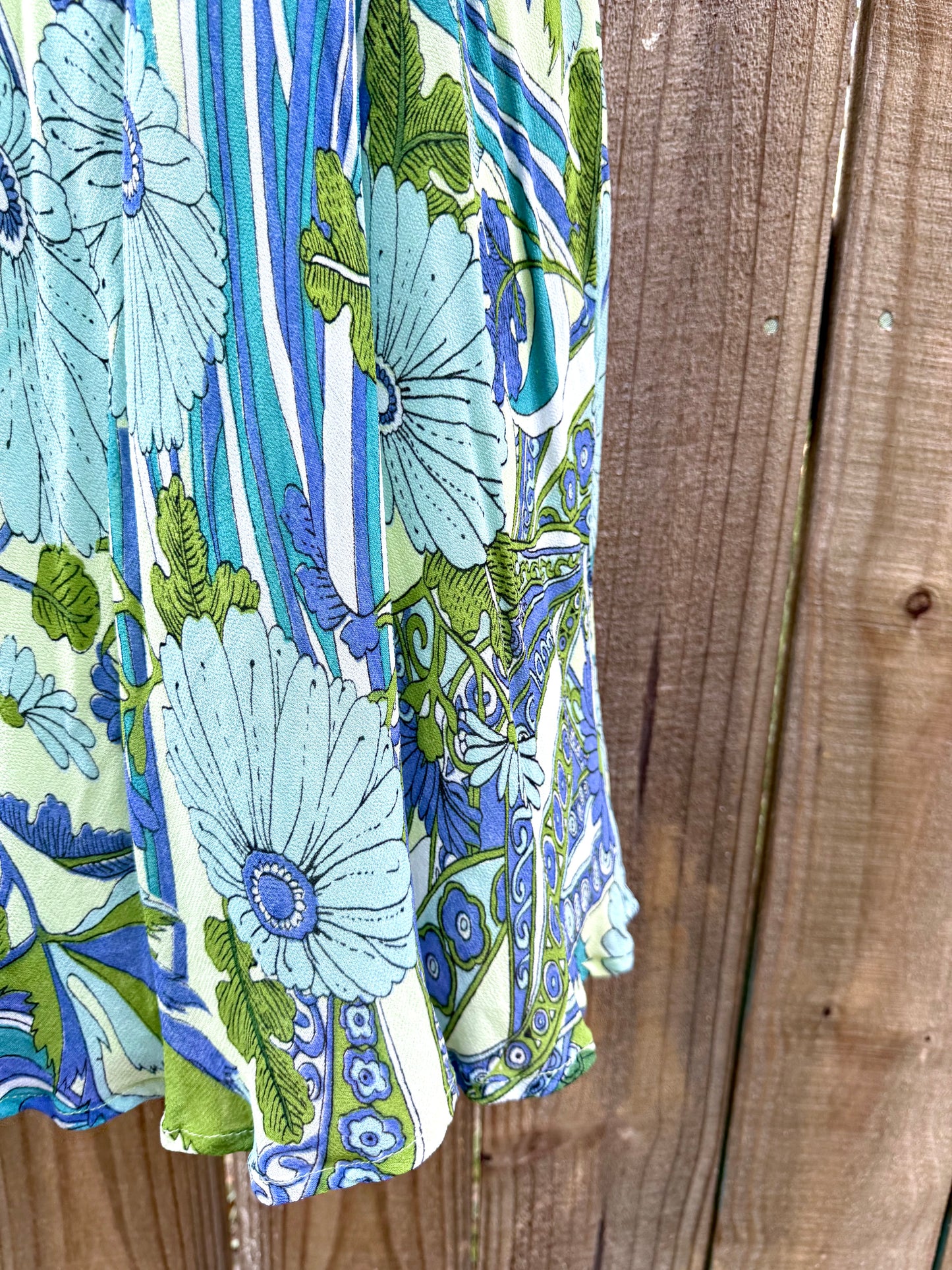 Vintage halter slip dress in lagoon blue + lime abstract floral — fits XS