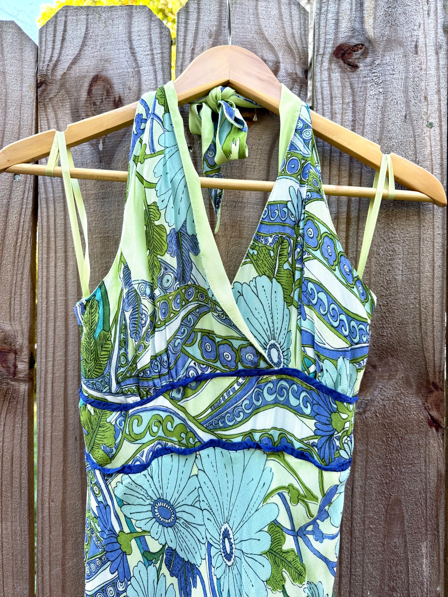 Vintage halter slip dress in lagoon blue + lime abstract floral — fits XS