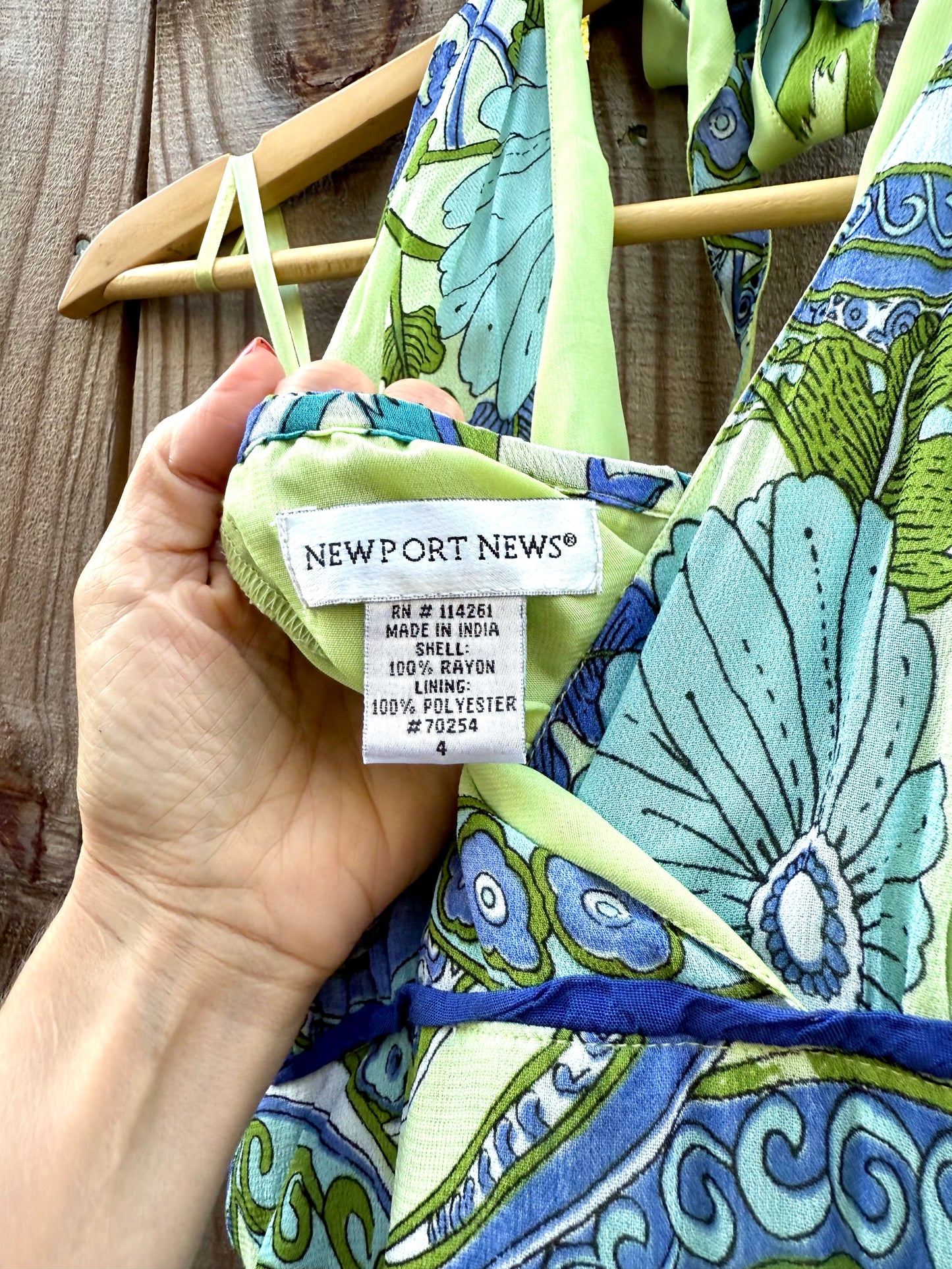 Vintage halter slip dress in lagoon blue + lime abstract floral — fits XS