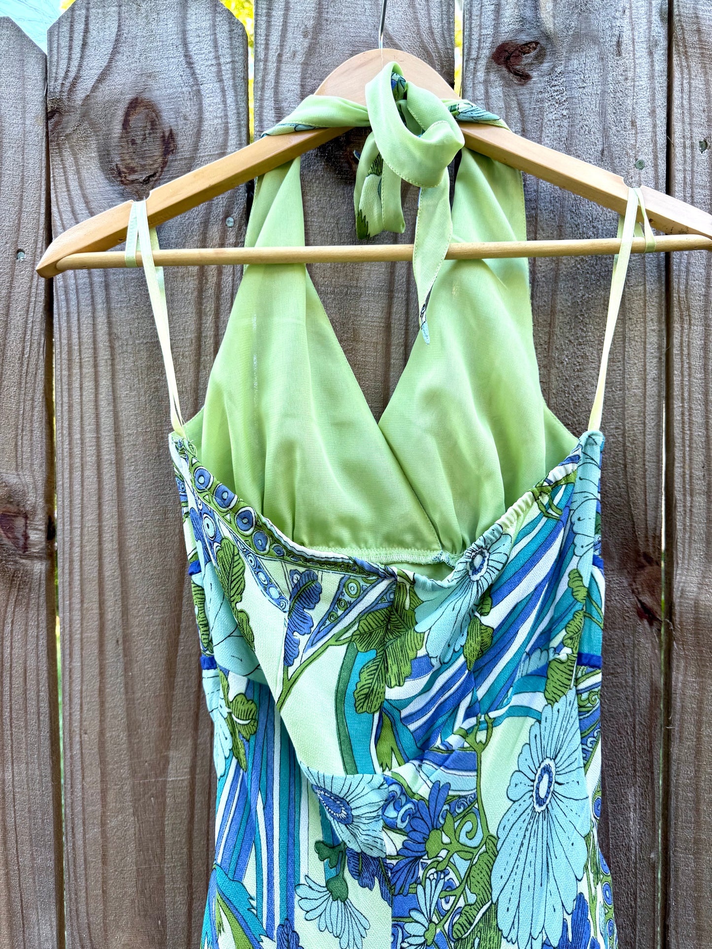Vintage halter slip dress in lagoon blue + lime abstract floral — fits XS