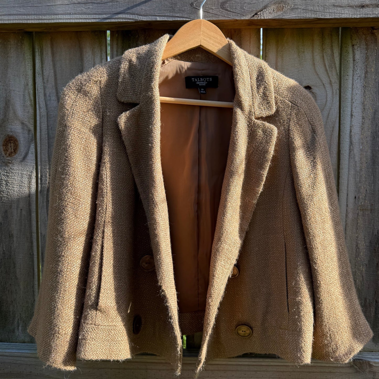 Talbots Cropped Camel Textured Blazer Jacket Boxy Minimalist Double Breasted Size 4P